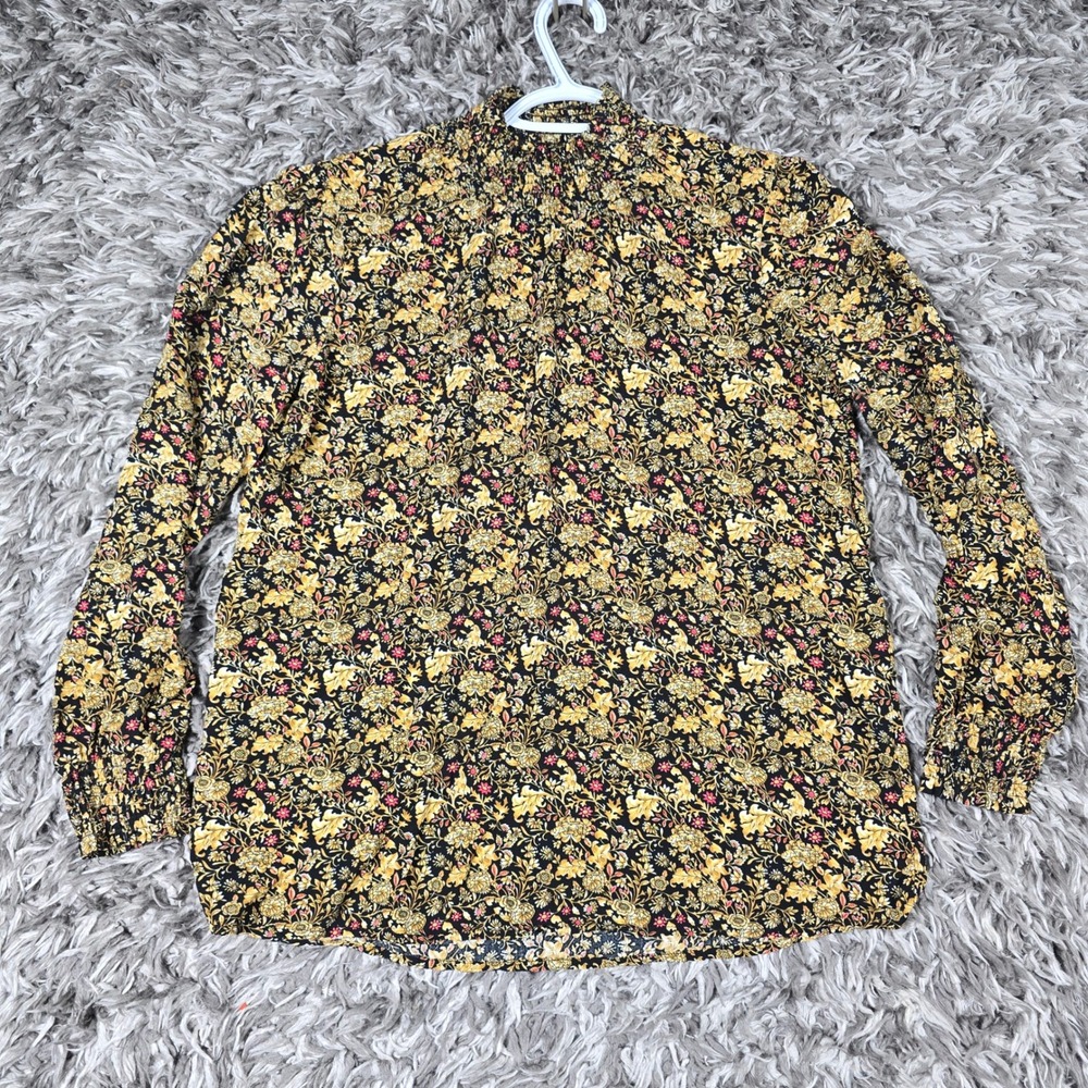 Alexander Jordan Womens M Floral Smocked Mock Neck Rayon Blouse Black Gold 3051